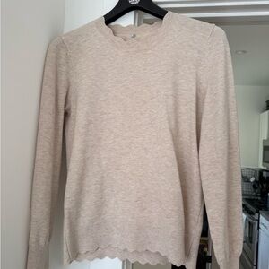 Beige Women's Sweater with Scalloped Trim